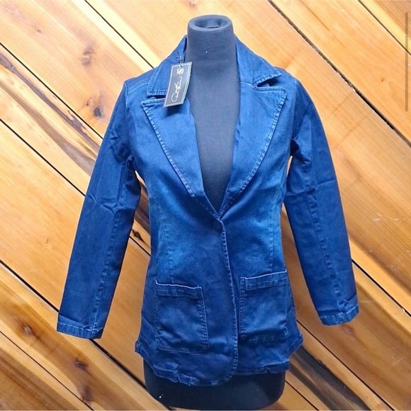 NWT DG2 Diane Gilman FLEX STRETCH Tailored 1-Button Blazer, Indigo Denim Jacket - Picture 2 of 12